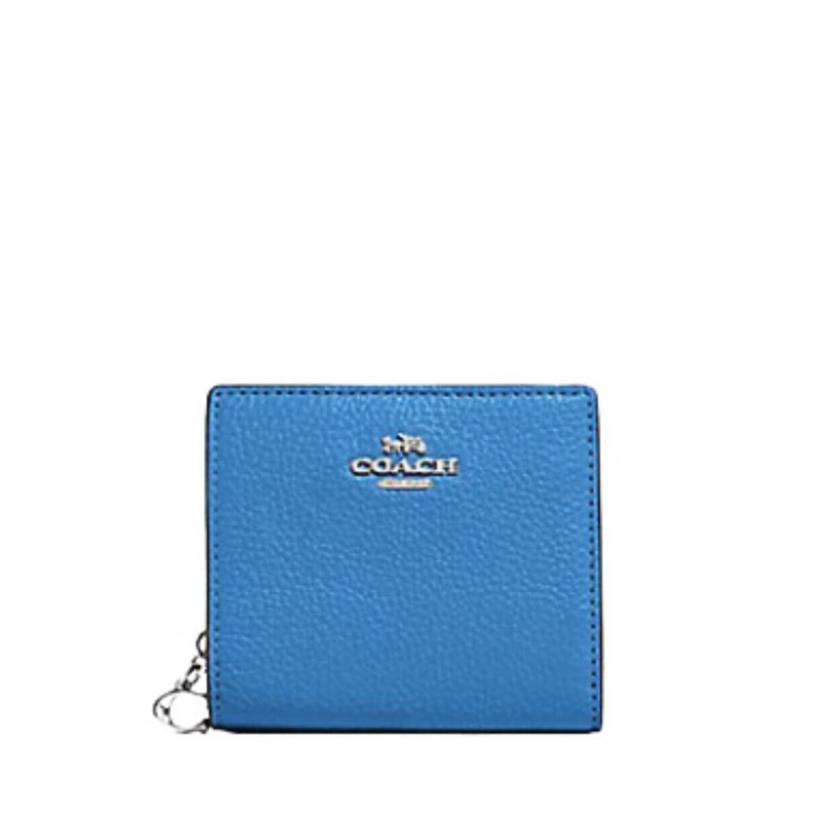 Coach Snap Wallet Pebbled Leather W/c Charm Zipper In Silver /racer Blue