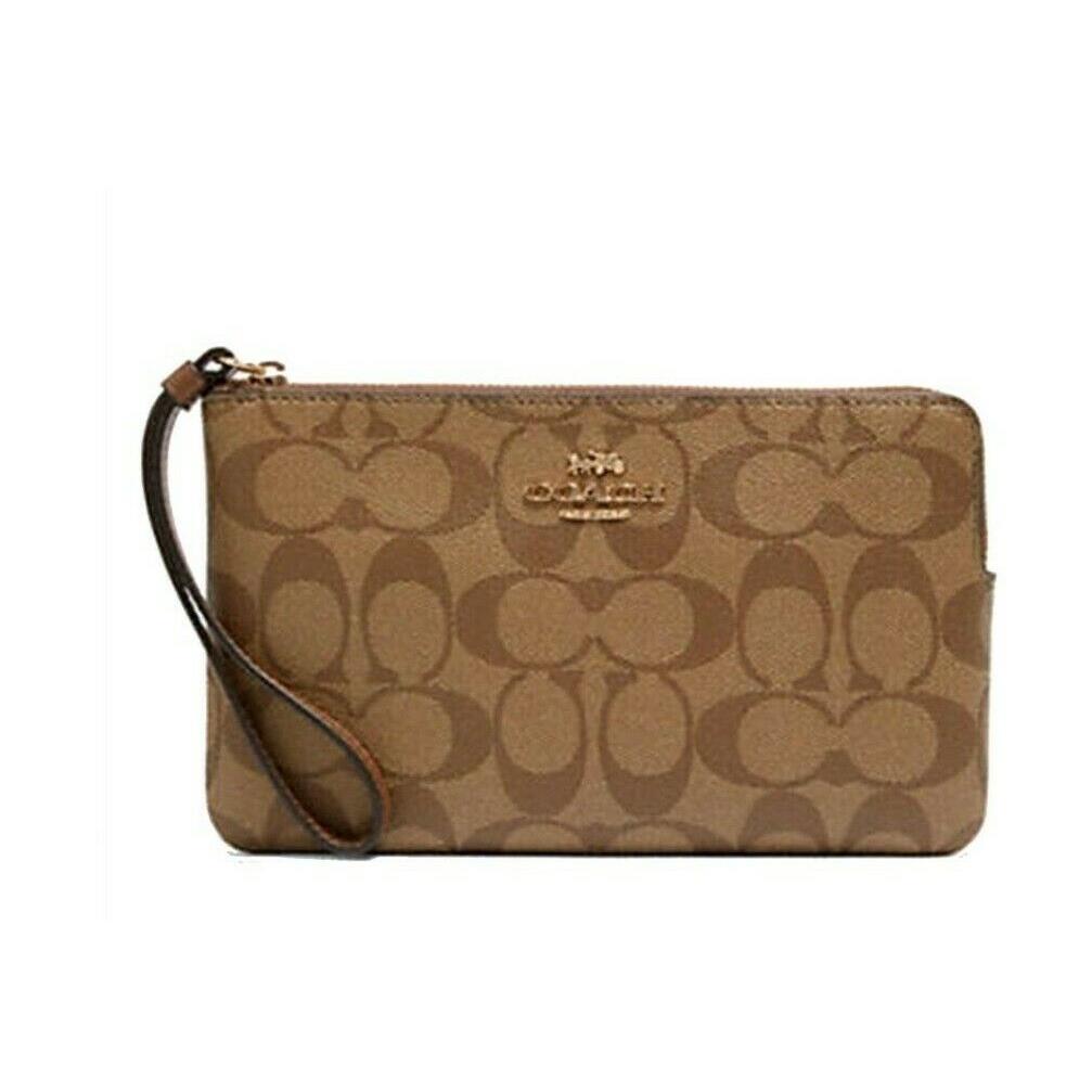 Coach Women`s Large Corner Zip Wristlet In Signature Canvas Gold/khaki Saddle 2