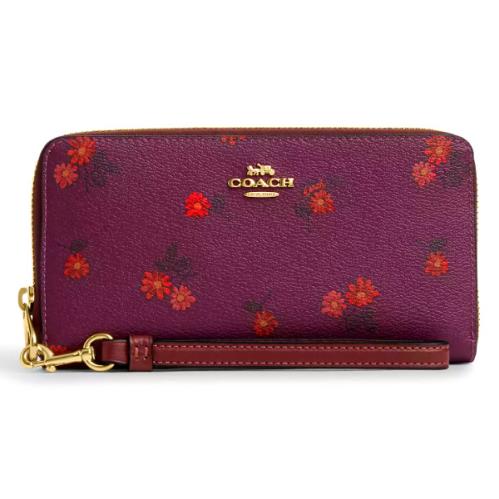 Coach Long Zip Around Wallet - Country Floral Print Berry Leather -CM999