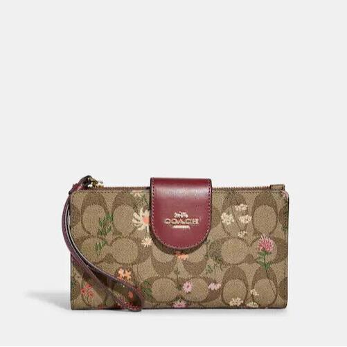 Coach Phone Wallet In Signature Canvas with Wildflower Print - Gold/khaki