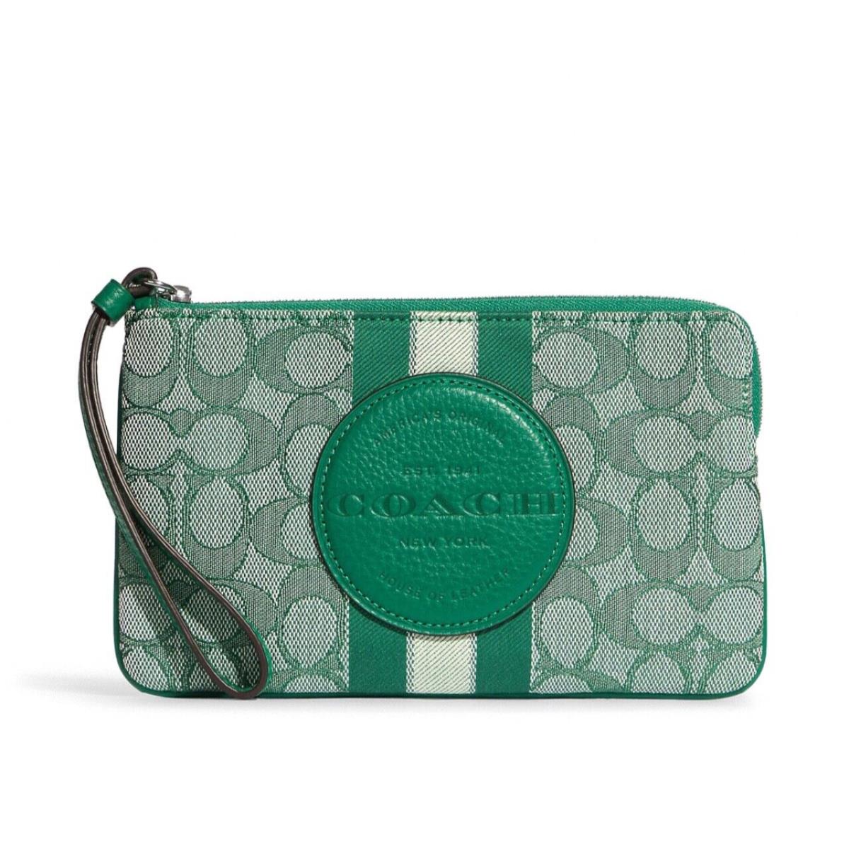 Coach Dempsey Large Corner Zip Wristlet In Signature Jacquard Green C8841