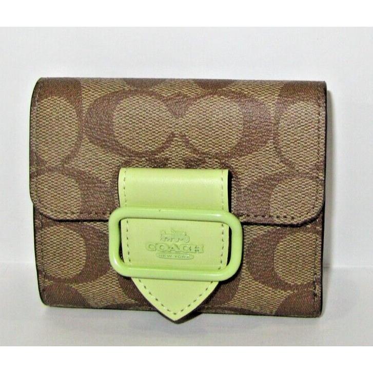 Coach CJ690 Small Morgan Bifold Wallet Khaki Signature Pale Lime Leather NWT$188