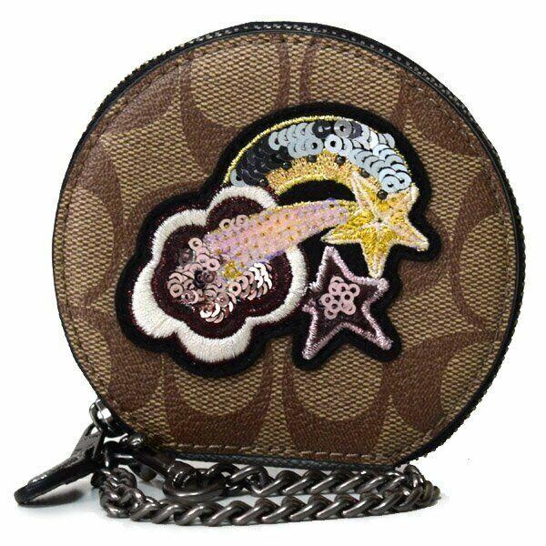 Nwt- Coach F38635 Round Coin Case in Signature Canvas with Glitter Patch