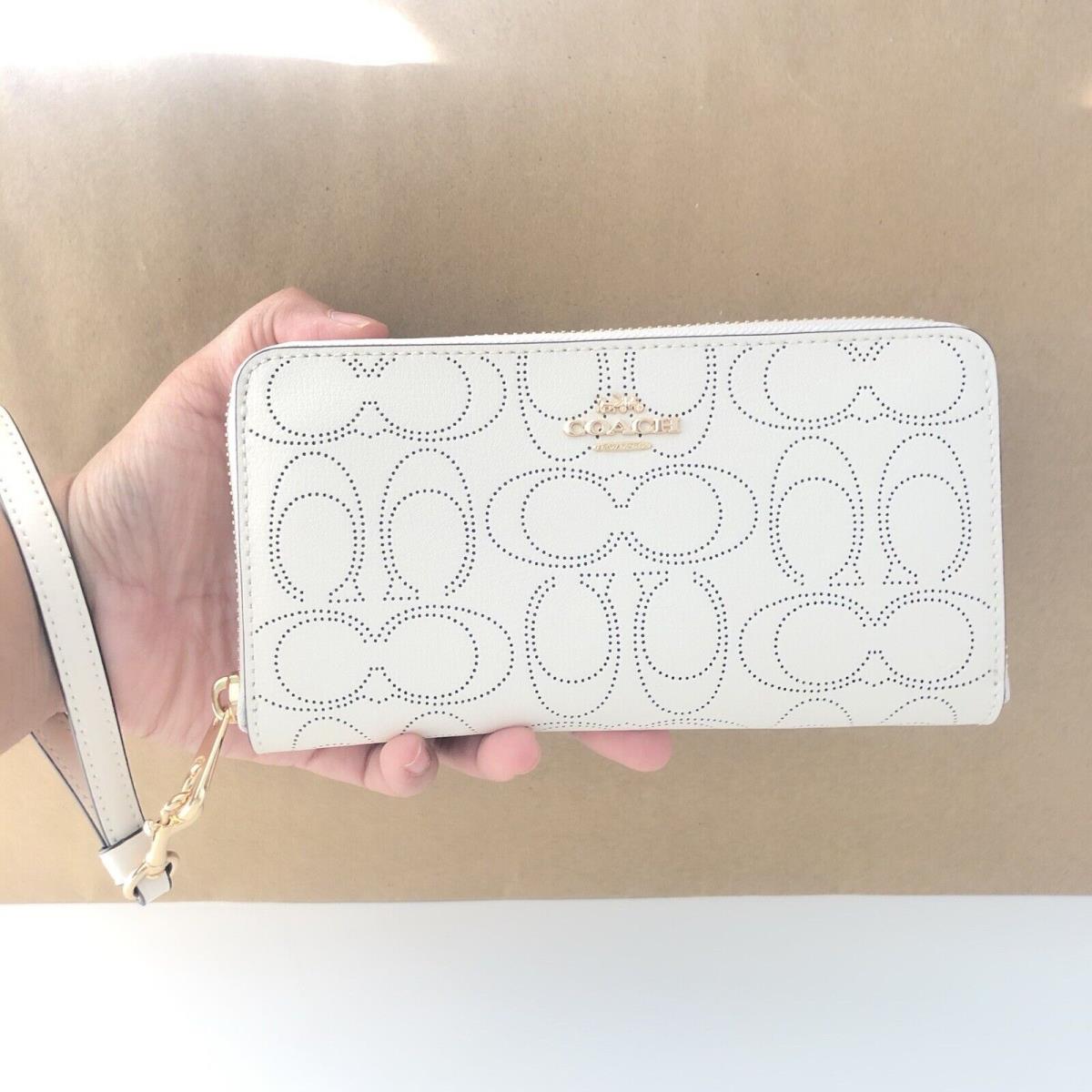 Coach Long Zip Around Wallet Chalk White Perforated Signature Leather