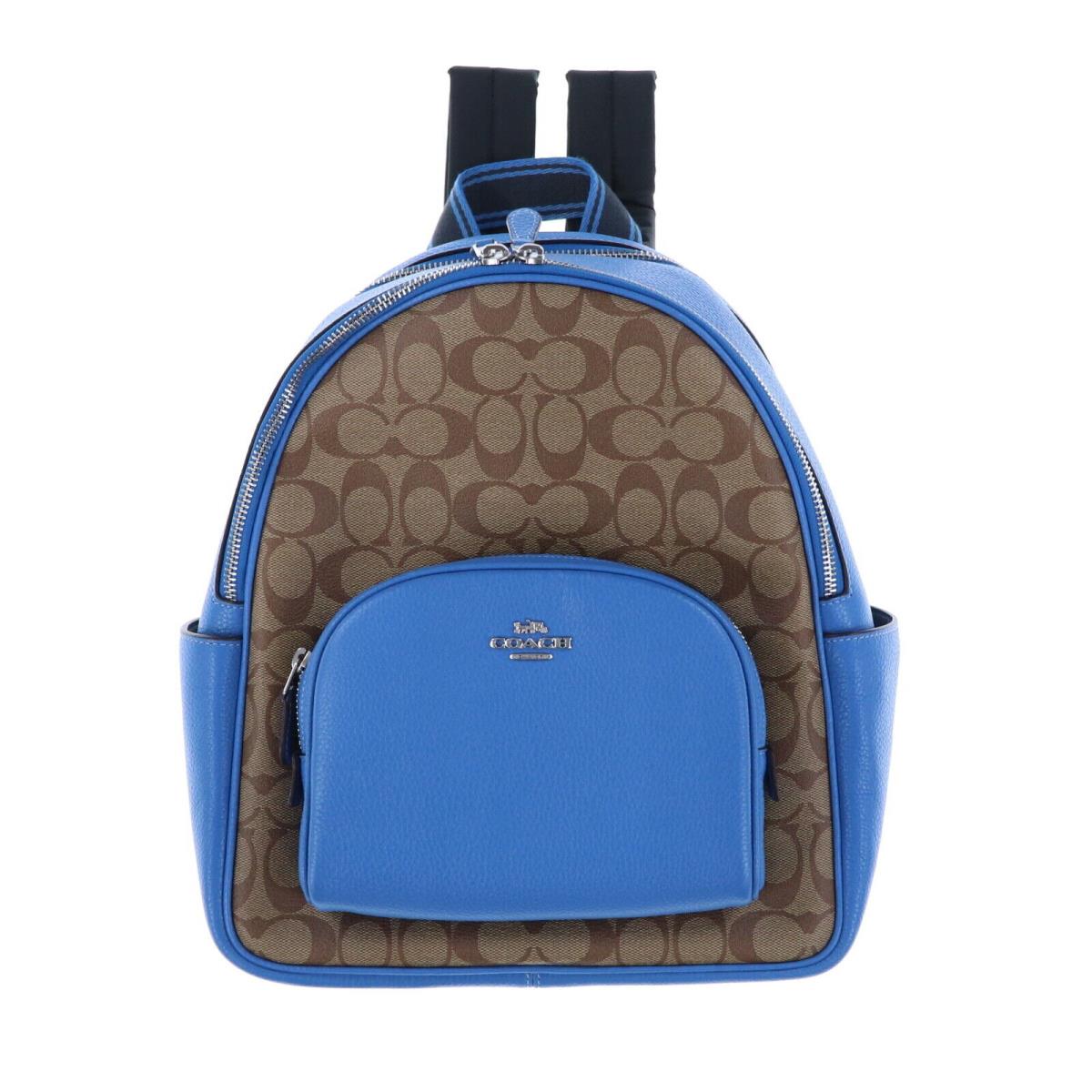 Coach Women`s Court Backpack In Signature Canvas Silver Khaki Racer Blue - Handle/Strap: Black, Hardware: Silver, Exterior: Khaki/Blue