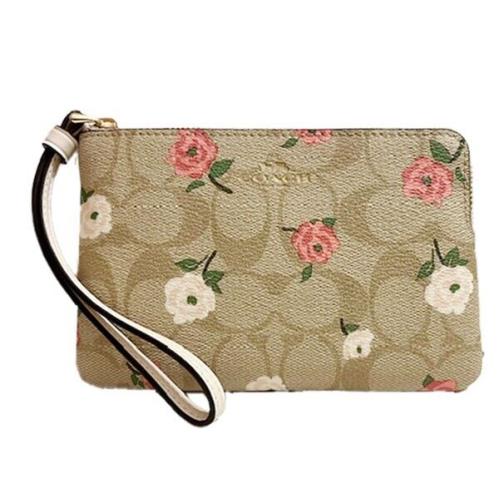 Coach Signature Corner Zip Wristlet in Lt Khaki Floral Print CR973 Gold Hwar