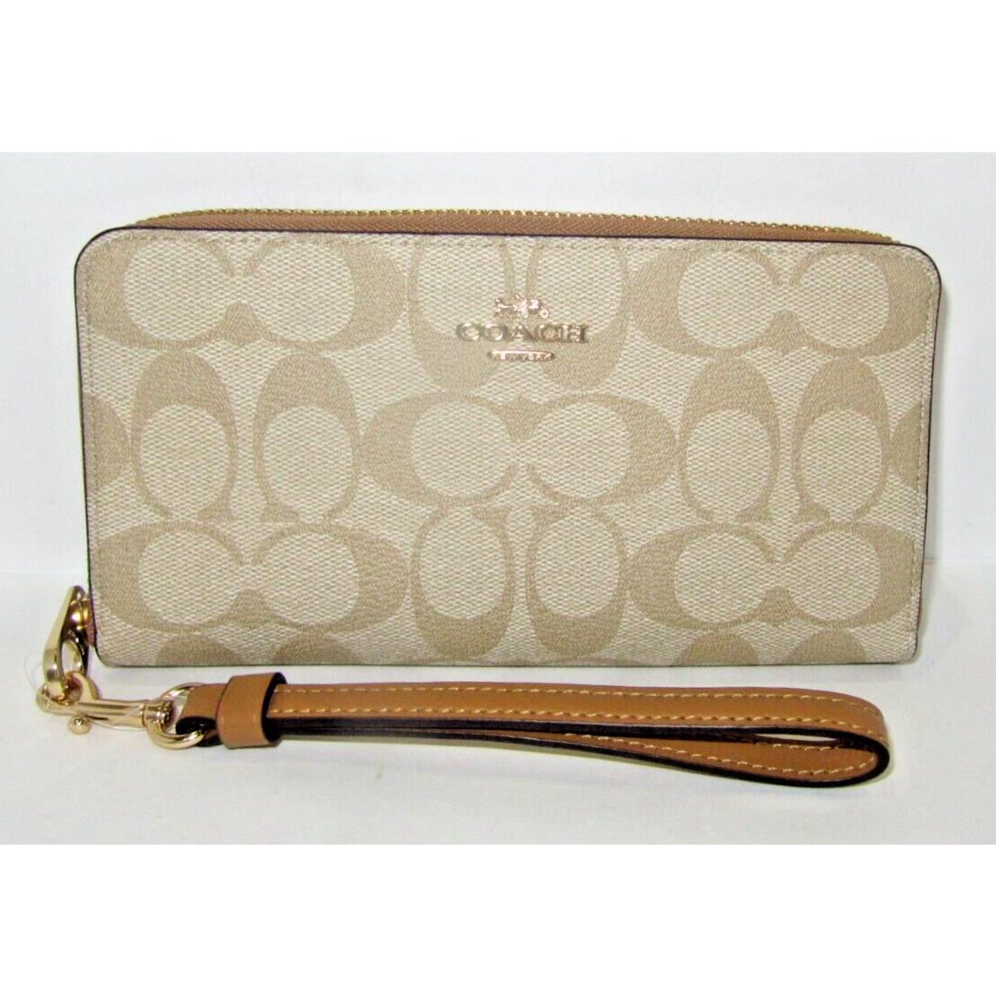 Coach C4452 Long Zip Around Wallet Signature Canvas Light Khaki Saddle