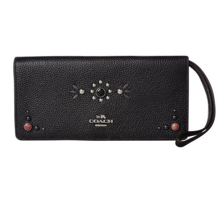 Coach Western Rivets Slim Wallet Black Antique 57530 Leather Stud Wristlet