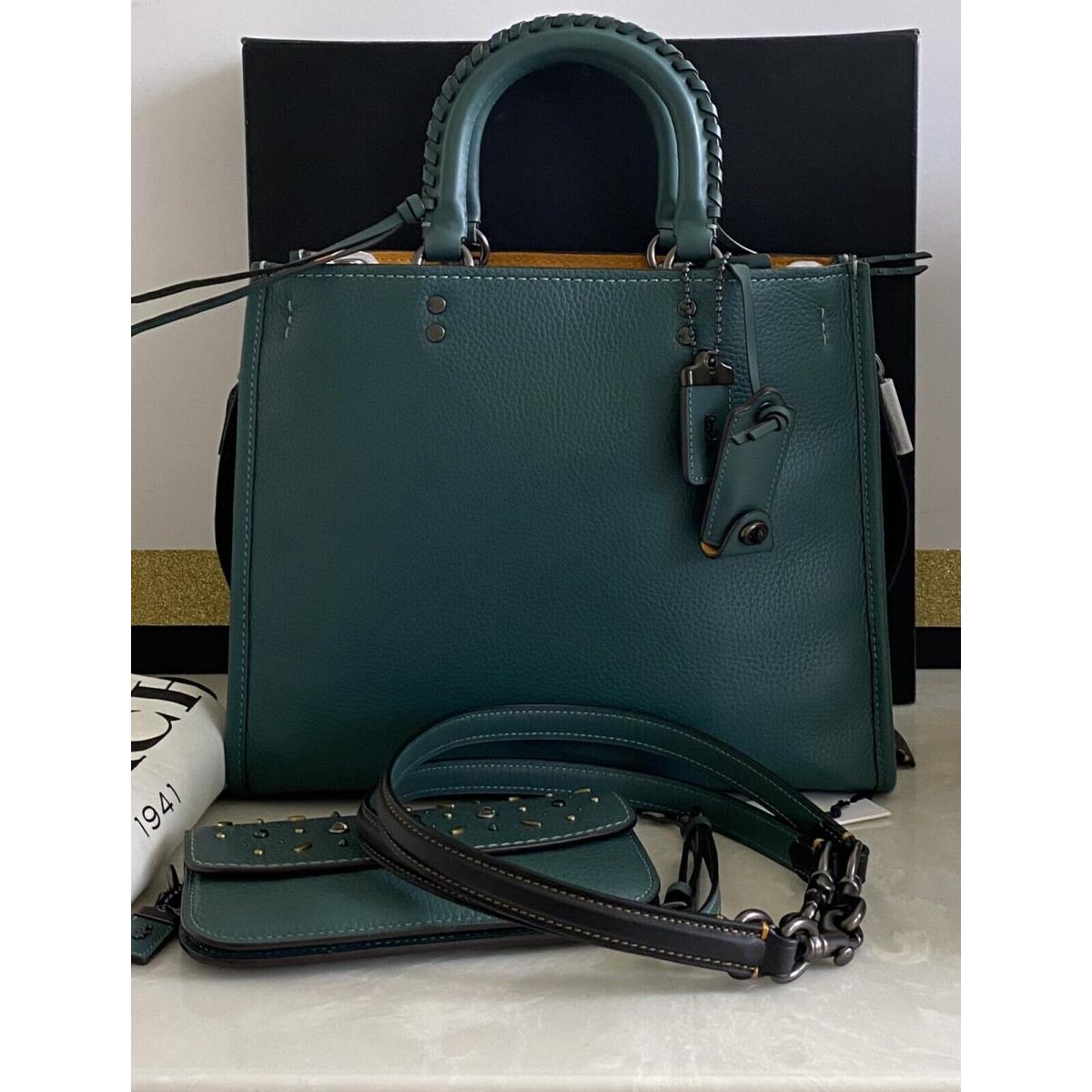 Coach 1941 Teal Mixed Leather Whipstitch Rogue 30 Matching Clutch Set