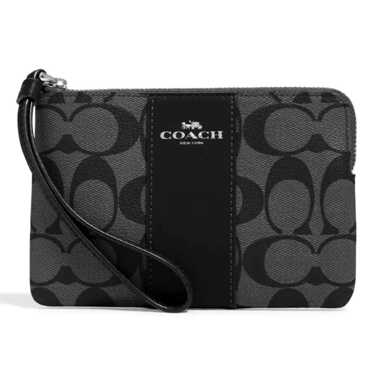 Coach Corner Zip Wristlet - 58035 Graphite/black Signature Canvas/leather
