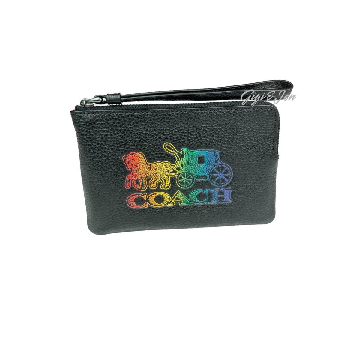 Coach Corner Zip Horse Carriage Wristlet Black Multi