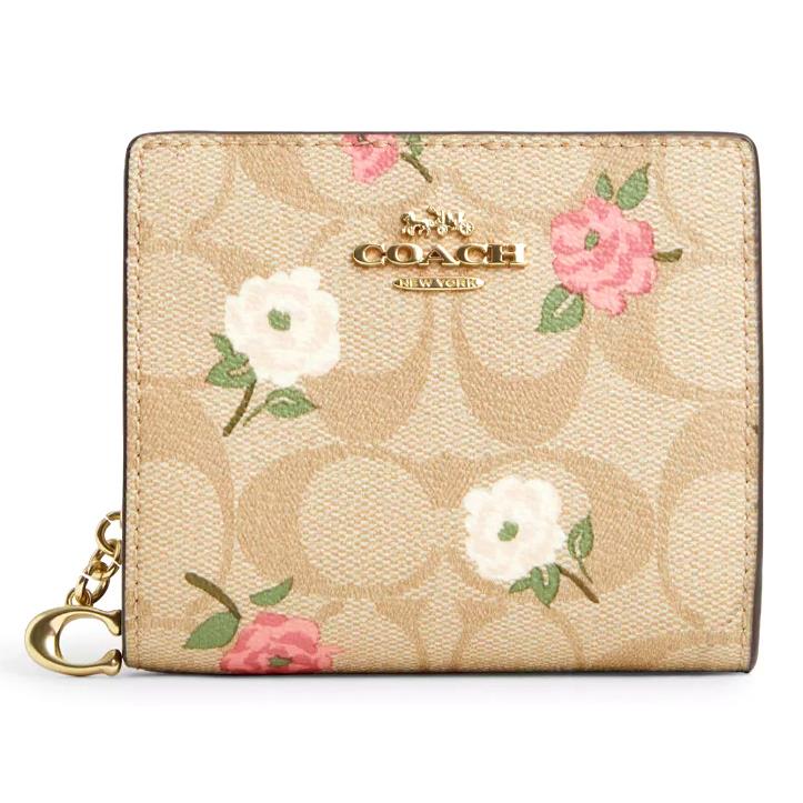 Coach Snap Wallet - Khaki Signature Canvas Leather W/floral Print -CR969