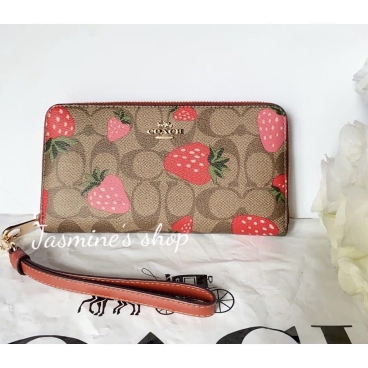 Coach Long Zip Around Wallet In Signature with Wild Strawberry Print CH523