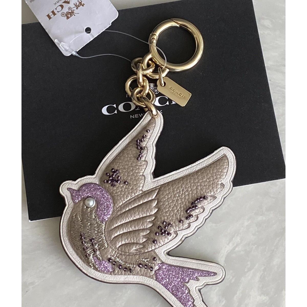 Coach Chalk/gold Leather Bird Purple Glitter Bag Charm Fob 21549