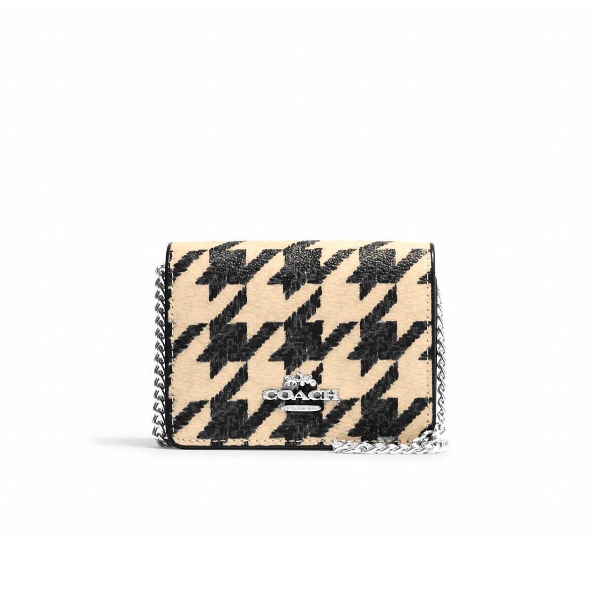 Coach Mini Wallet On A Chain with Houndstooth Print Cream Black CJ679