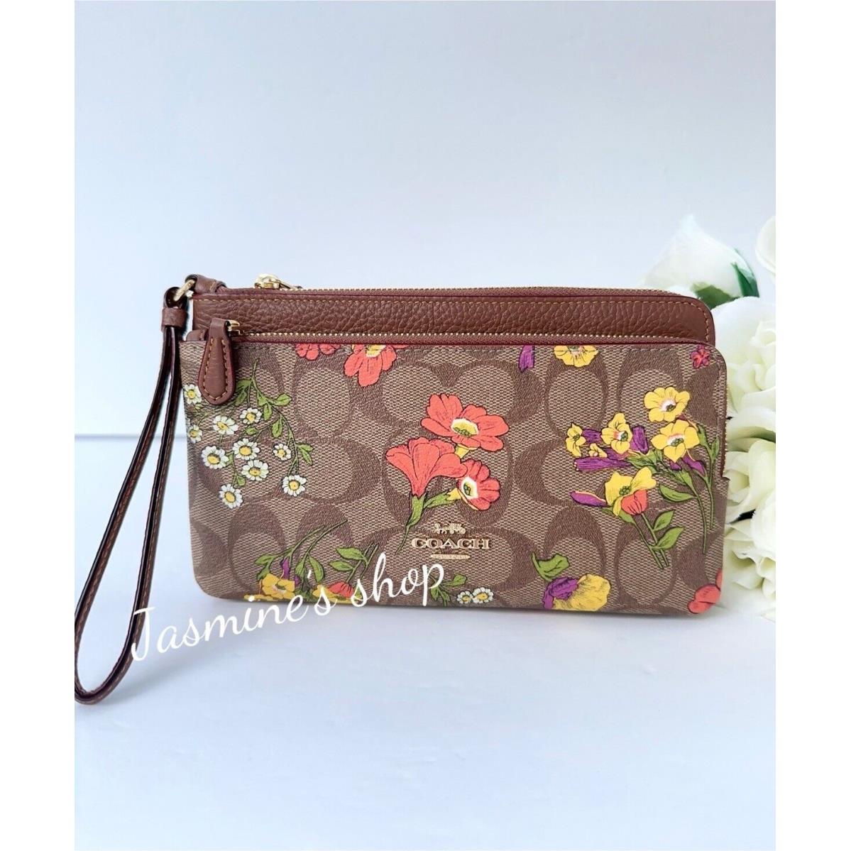 Coach Double Zip Wallet with Floral Print CR926 Signature Khaki