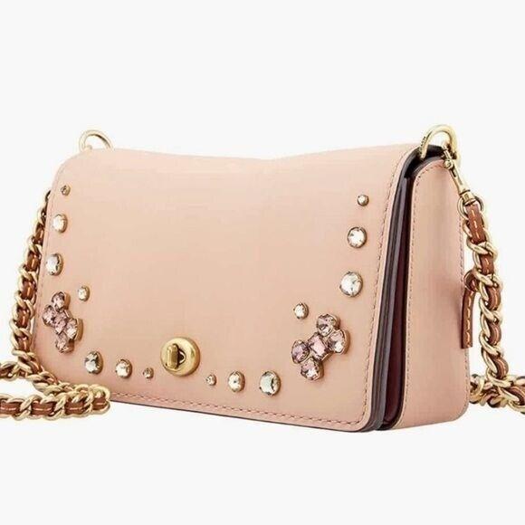 Coach Ladies Dinky Crystal Pink Leather Chain Strap Crossbody Bag Pink