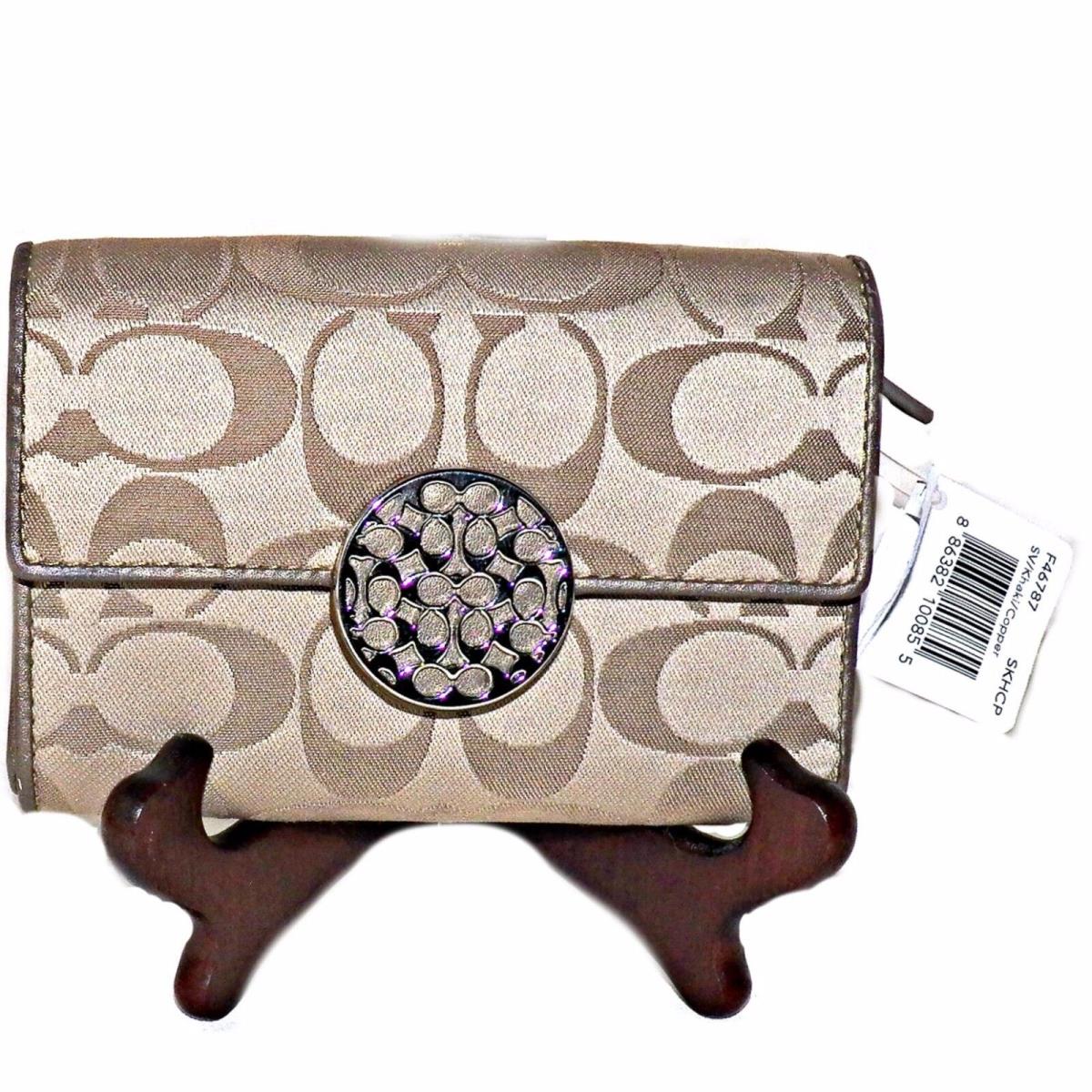 Coach Alexandra Shantung SV Khaki Fabric Beige Trim Trifold Clutch Wallet F4787