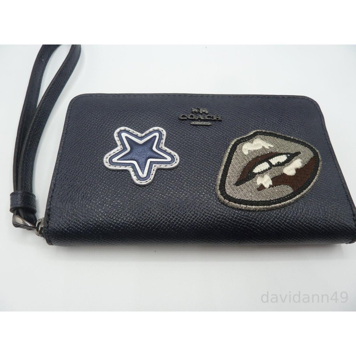 Coach F11853 Phone Wallet in Crossgrain Leather with Varsity Patches-md Blue