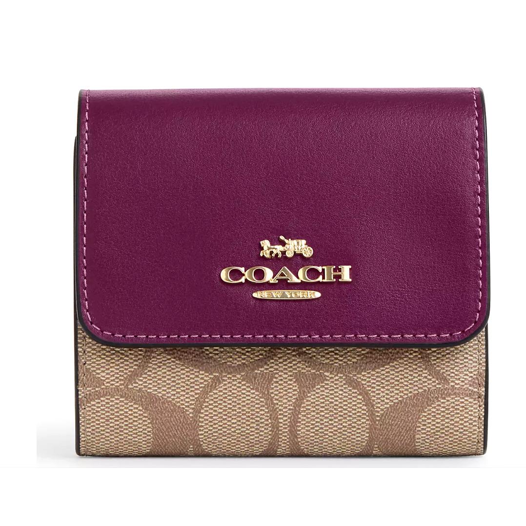 Coach Small Trifold Wallet - CE930 Signature Canvas/deep Berry Leather