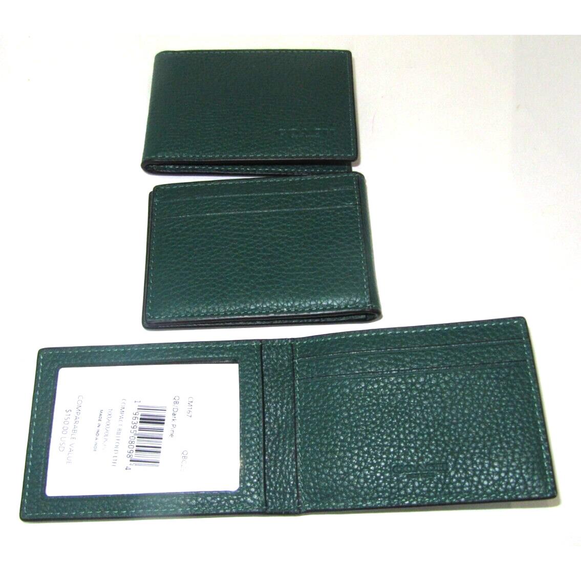 Coach CM167 Dark Pine Green Pebbled Leather Compact Bifold Wallet