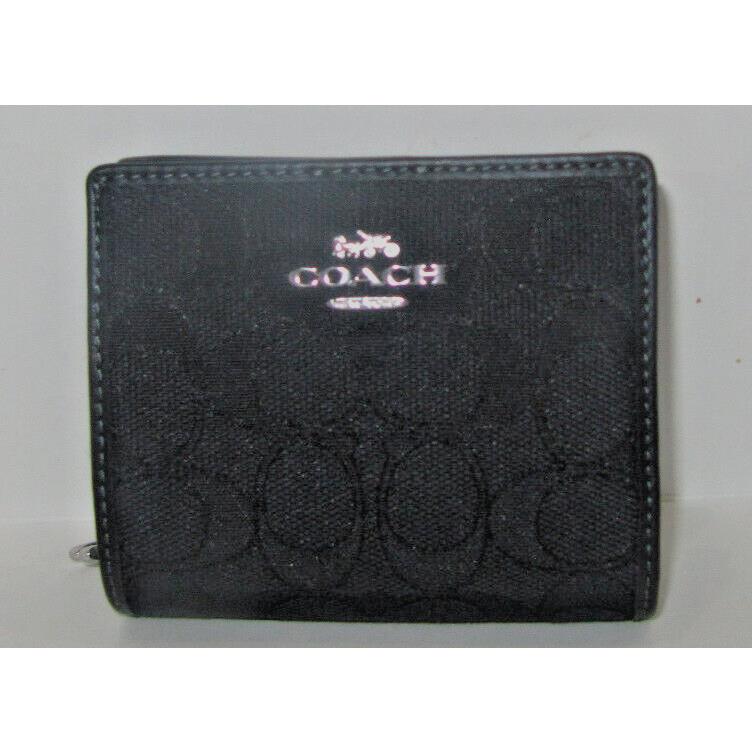 Coach CU401 Black Jacquard Signature Snap Card Case Wallet with C Charm