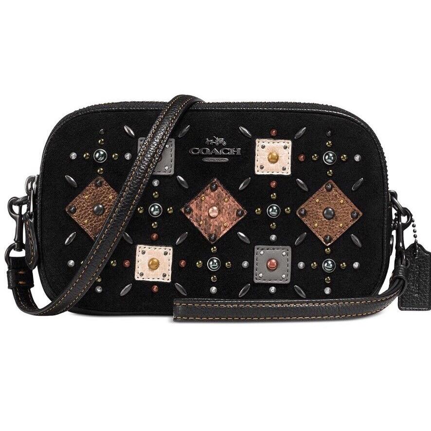 Coach Crossbody Clutch Prairie Rivets Bag Black Suede Leather Patches 24309