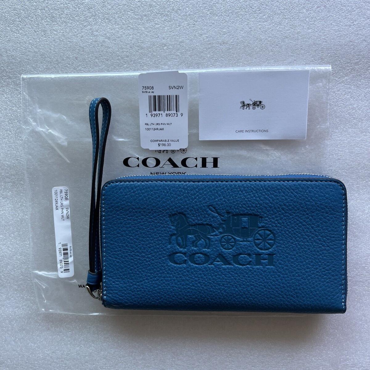 Coach Pebbled Leather Large Phone Wallet Horse Carriage Blue Jay 75908