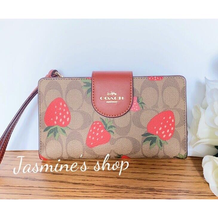 Coach Tech Wallet In Signature Canvas with Wild Strawberry Print CH165