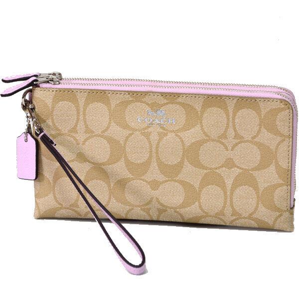 Coach Signature Coated Canvas Double Zip Wallet 53563 Sv/light Khaki/petal