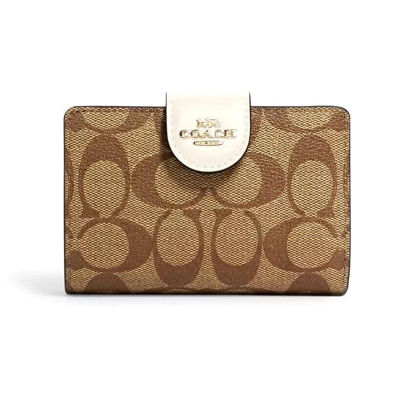 Coach C0082 IMDJ8 Medium Corner Zip Wallet In Signature Canvas Gold/khaki/chalk