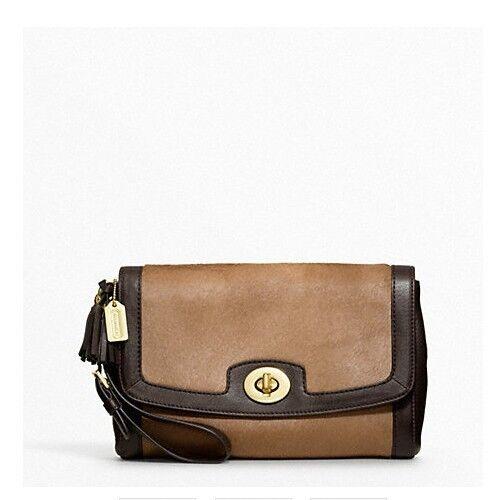 Coach Legacy Haircalf Large Flap Clutch Wristlet 48042 Brass / Camel