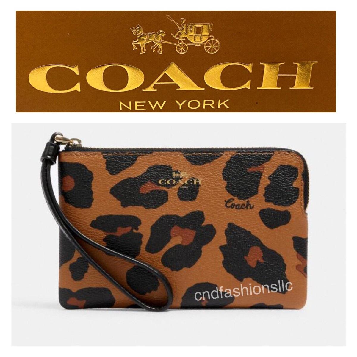 Coach Leopard Print Corner Zip Wristlet Canvas / Leather Saddle/multi W/gift Bag