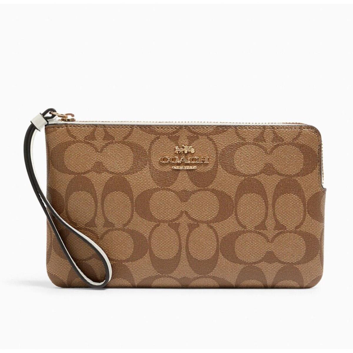 Coach Large Corner Zip Wristlet In Signature Canvas Khaki Chalk 6648