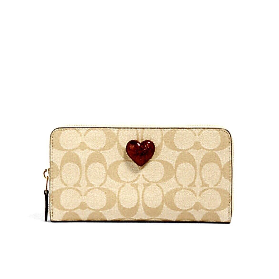 Coach 91572 Accordion Zip Wallet In Signature Canvas with Heart In Light Khaki