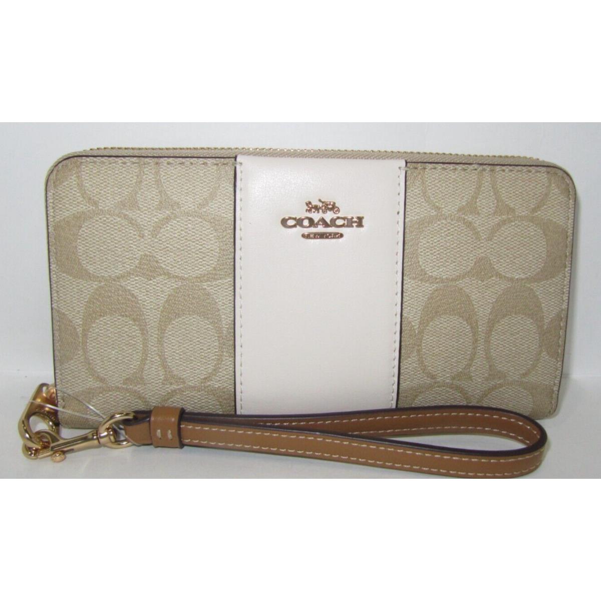 Coach CR624 Long Zip Around Wallet Signature Canvas Light Khaki Chalk Saddle