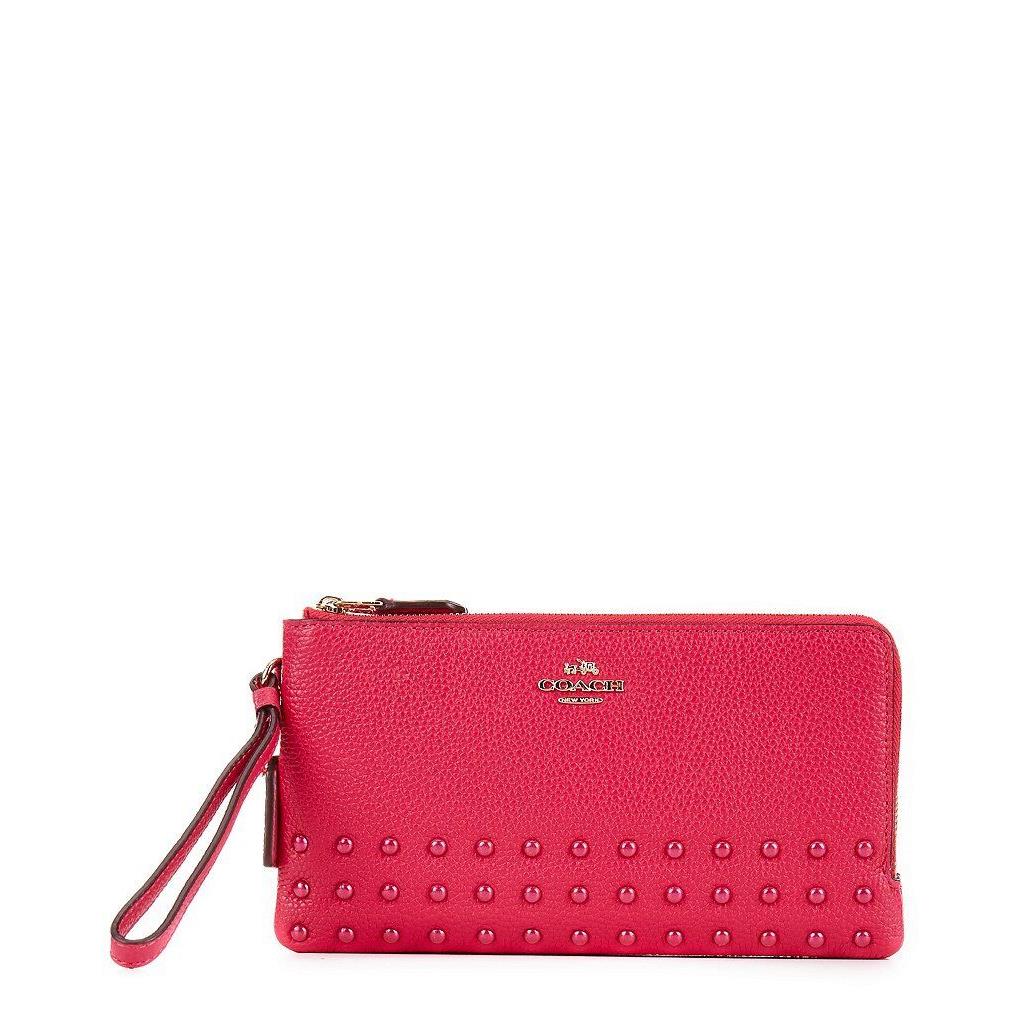 Coach Lacquer Rivets Double Zip Pebble Leather Wallet 54709 Lightgold/cerise