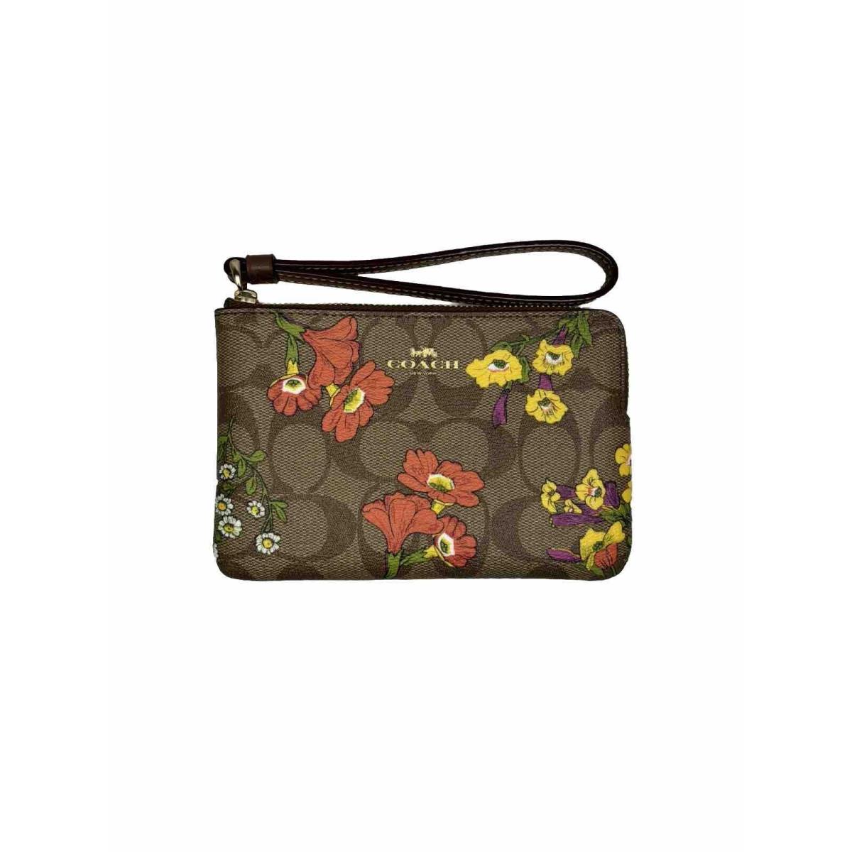 Coach Corner Zip Wristlet Signature Canvas with Floral Print In Khaki Multi