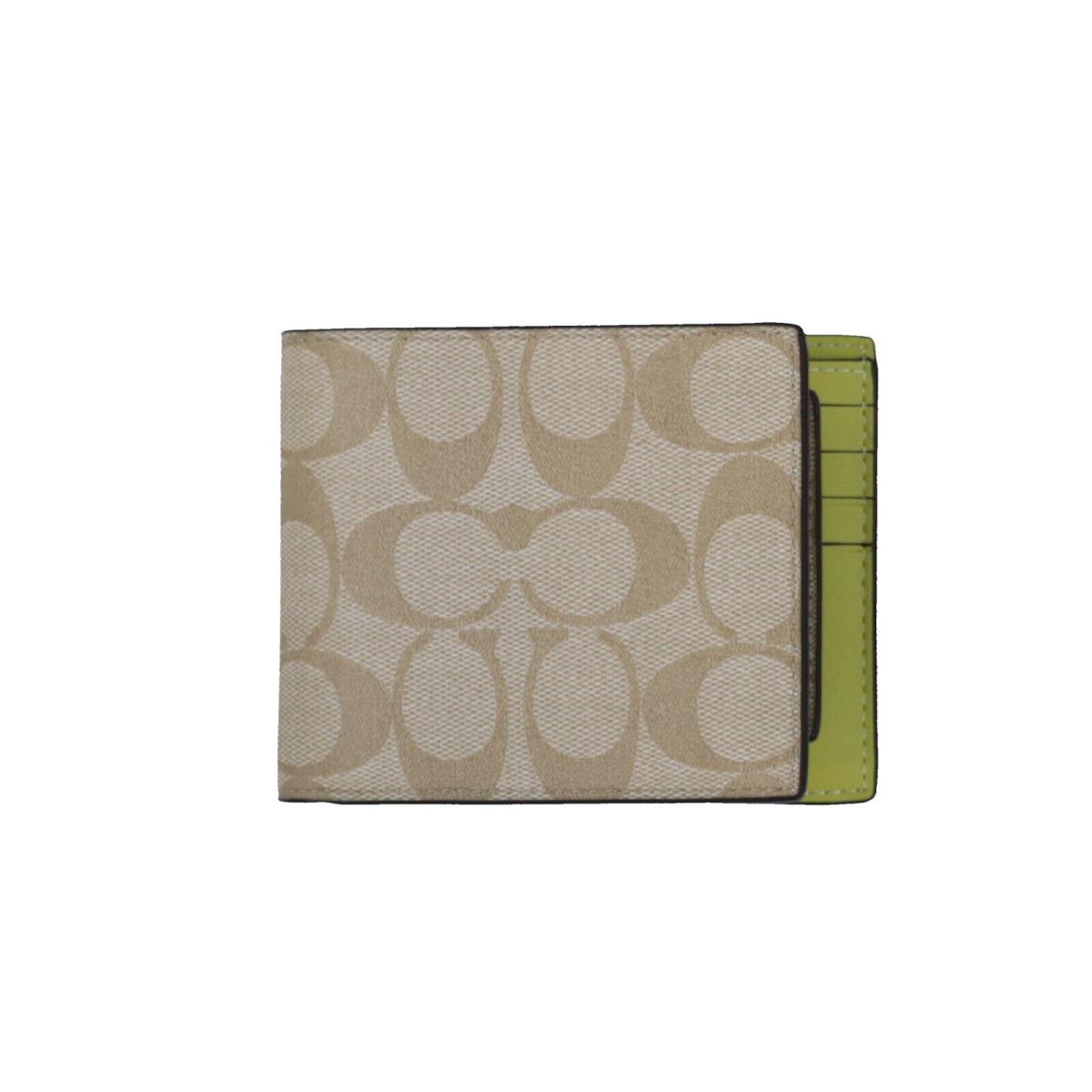 Coach 3 In 1 Billfold ID Wallet Signature Canvas Logo Pocket Lime Green