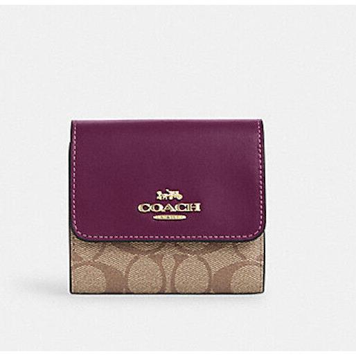 Coach Women Khaki/deep Berry Blocked Signature Small Trifold Wallet CE930