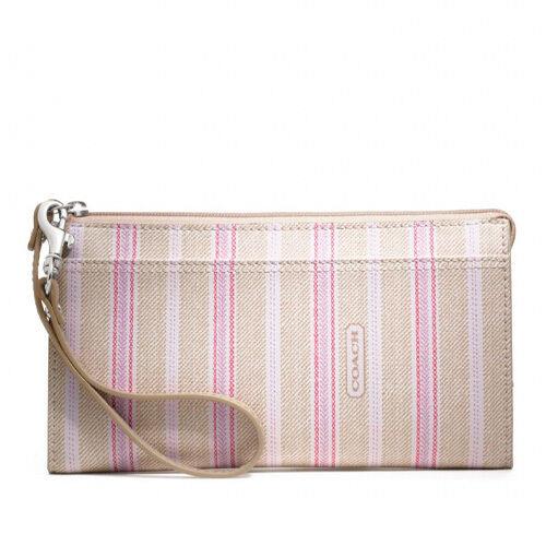 Coach Legacy Weekend Ticking Stripe Zippy Wallet Wristlet 49316 S/khaki Pink