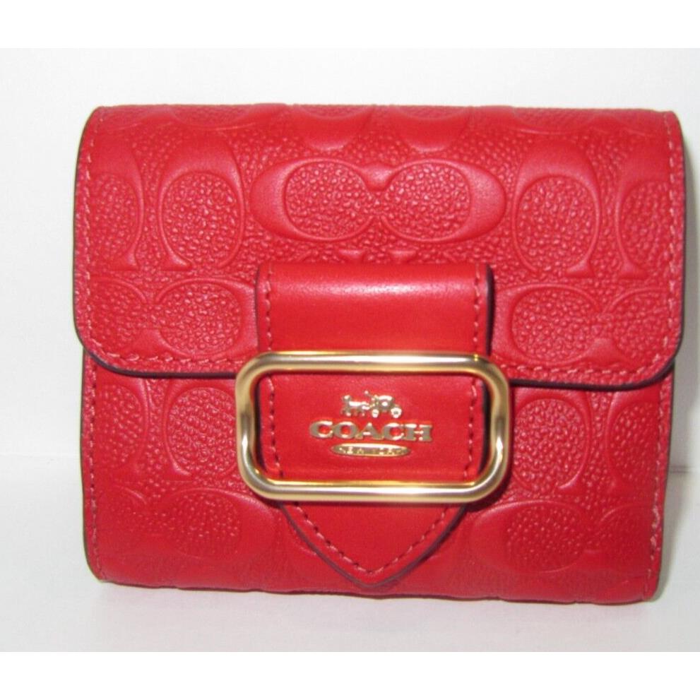 Coach CF855 Small Morgan Bifold Wallet Electric Red Embossed Signature Leather