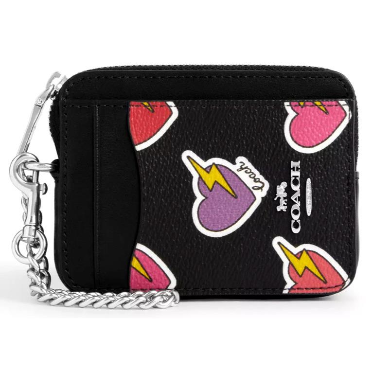 Coach Zip Card Case - CW453 Black Multi Heart Bolt Print - Canvas/leather