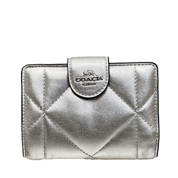 Coach Silver Metal Puffy Diamond Quilting Med Corner Zip Leather Wallet CM998