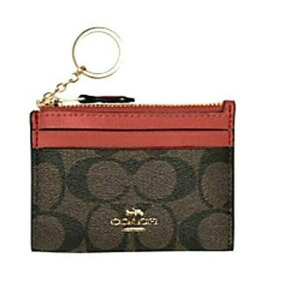 Coach Key Ring Coin ID Case Card Mini Skinny Wallet Canvas Red Brown 88208