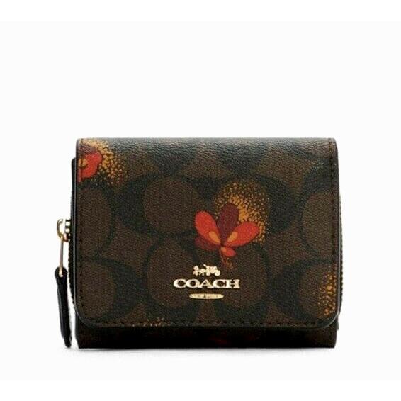 Coach C6042 Signature Pop Flower Print Small Trifold Wallet Brown / Black