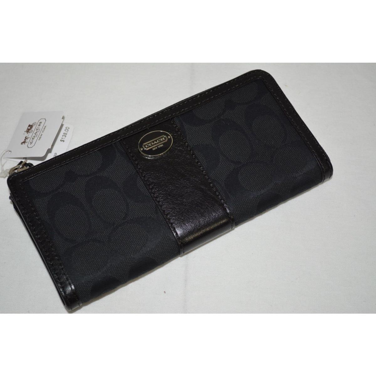 Coach 48437 Legacy Signature Slim Zip Wallet Black `c` Fabric Leather Trim