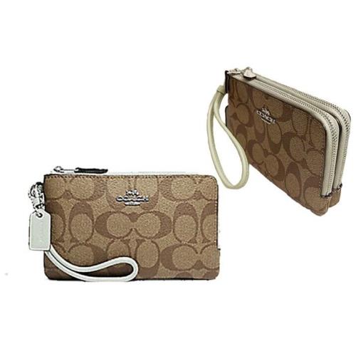 Coach Double Corner Zip Wristlet Wallet Signature Pvc LT Sage 87591