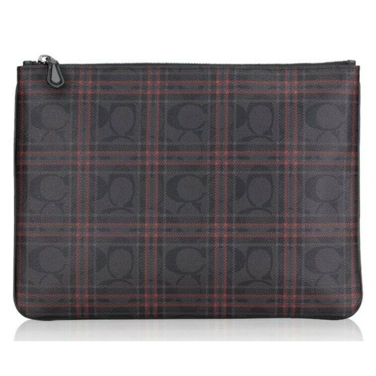 Coach Large Pouch Clutch Travel Canvas Shirting Plaid Checker Black F86111