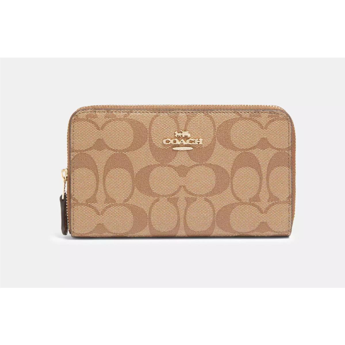 Coach Women`s Gold/khaki Saddle 2 Signature Canvas Medium Id Zip Wallet 88913